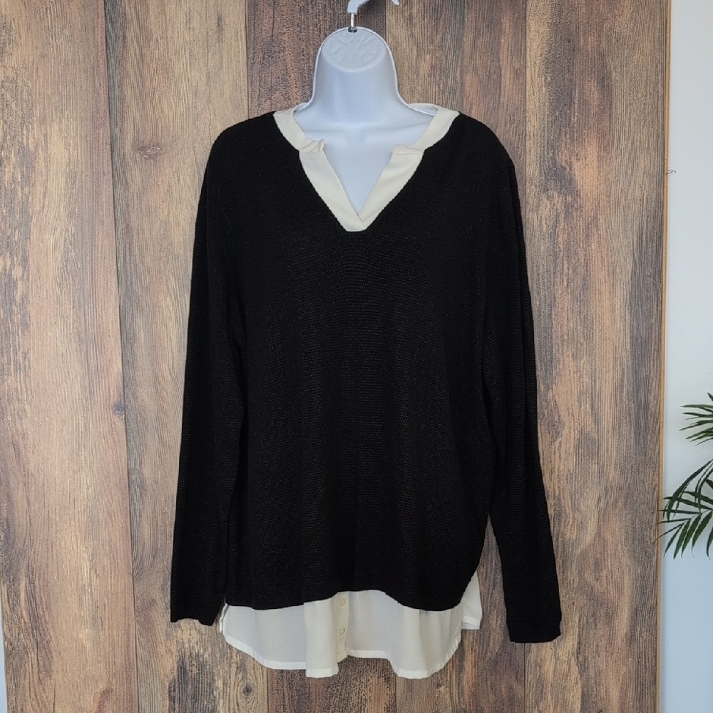 VENUS Black and White Oversized V Neck Knit Top XXL 603D